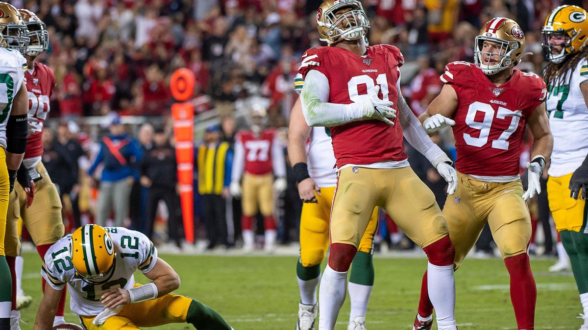 San Francisco 49ers’ Arik Armstead (91) reacts after sacking Green Bay Packers starting quarterback Aaron Rodgers (12) in the second quarter during a game at Levi’s Stadium on Sunday, November 24, 2019 in Santa Clara.