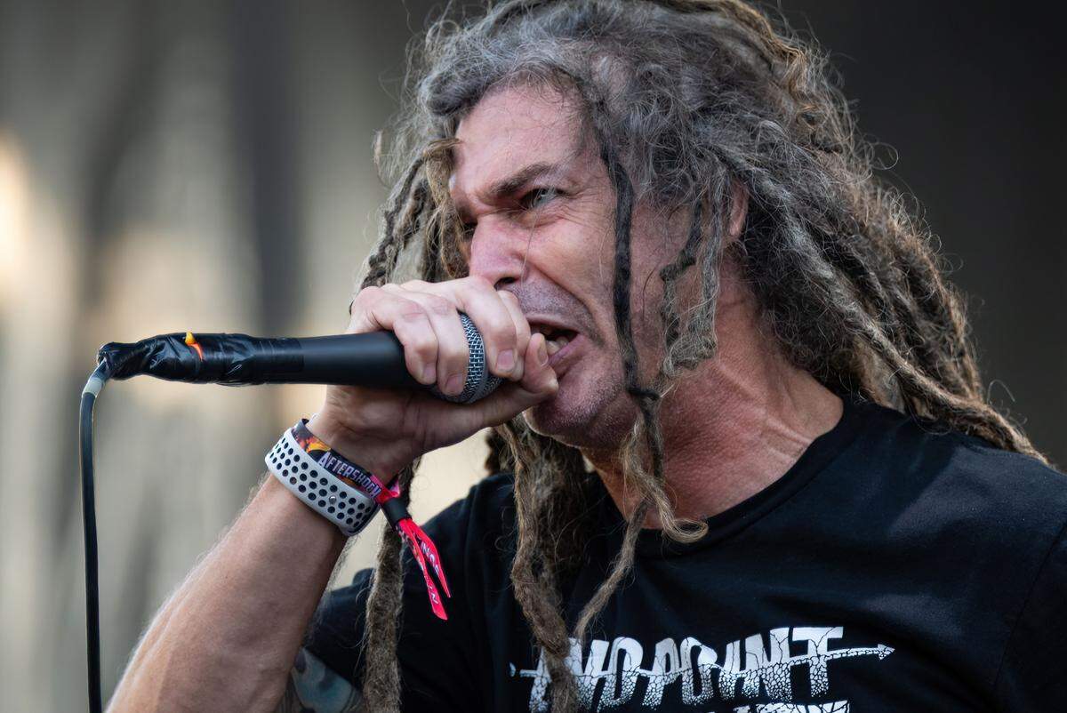 Lead vocalist Brian Fair performs with Boston metalcore band Shadows Fall at the Aftershock festival in Sacramento’s Discovery Park on Sunday.