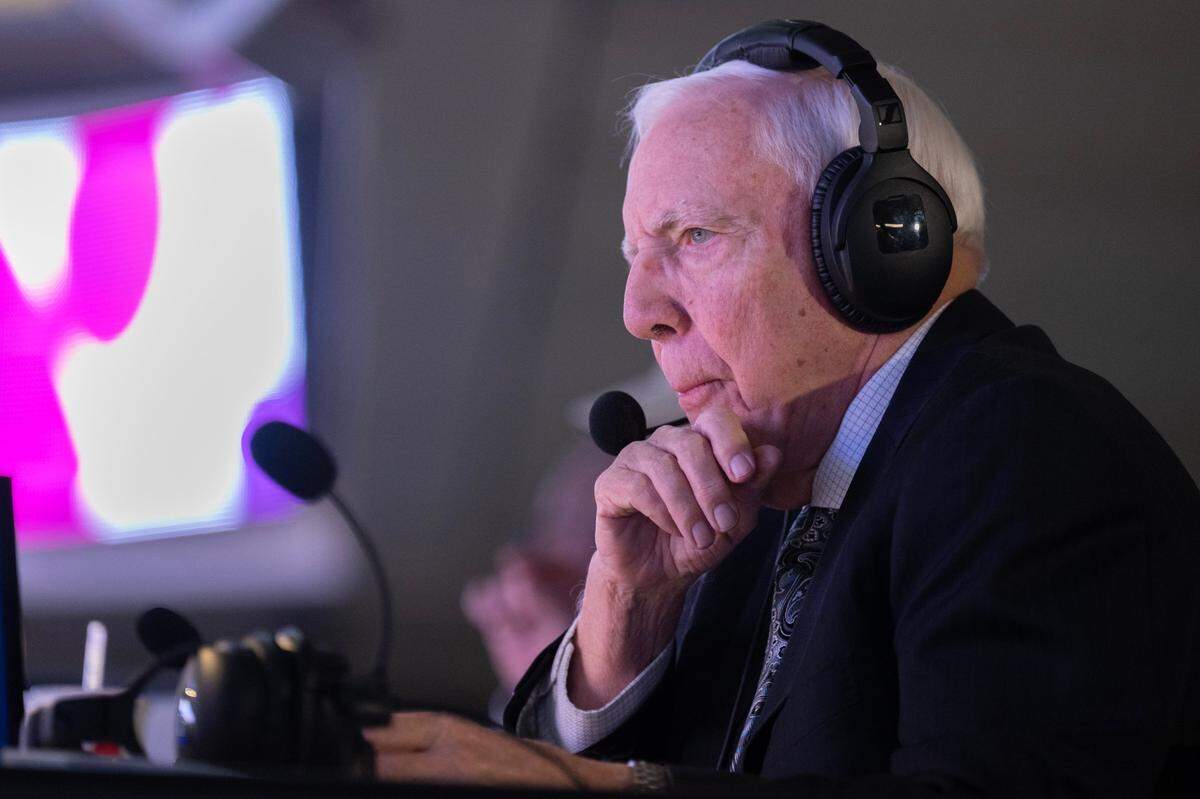 Sportscaster Gary Gerould sits in the booth before a game at Golden 1 Center in Sacramento on Thursday, Feb. 23, 2023. Gerould, nicknamed "The G-Man," has been the radio voice of the NBA's Sacramento Kings since 1985.