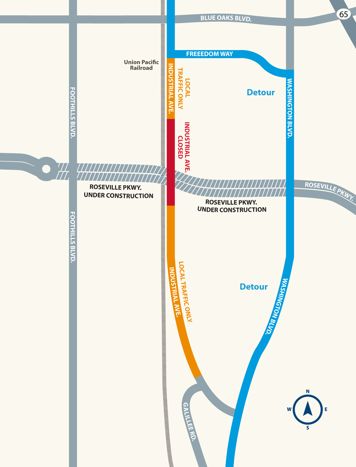 Construction crews will close a portion of Industrial Avenue as they work on the Roseville Parkway Expansion Project in early June.