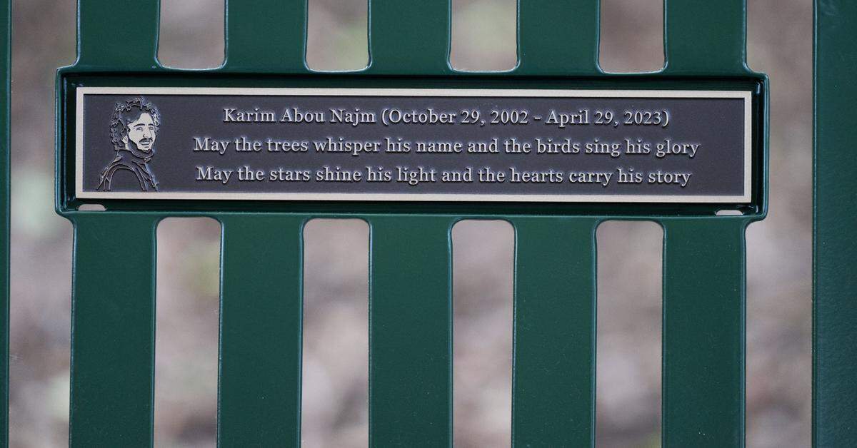 A plaque with the likeness of UC Davis student Karim Abou Najm is unveiled on Monday, April 29, 2024, the one-year anniversary of his fatal stabbing, on a bench at Sycamore Park in Davis.