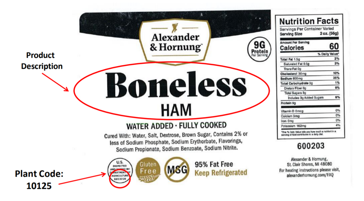 A screenshot of one of the packaging labels that were recalled by Alexander & Hornung.