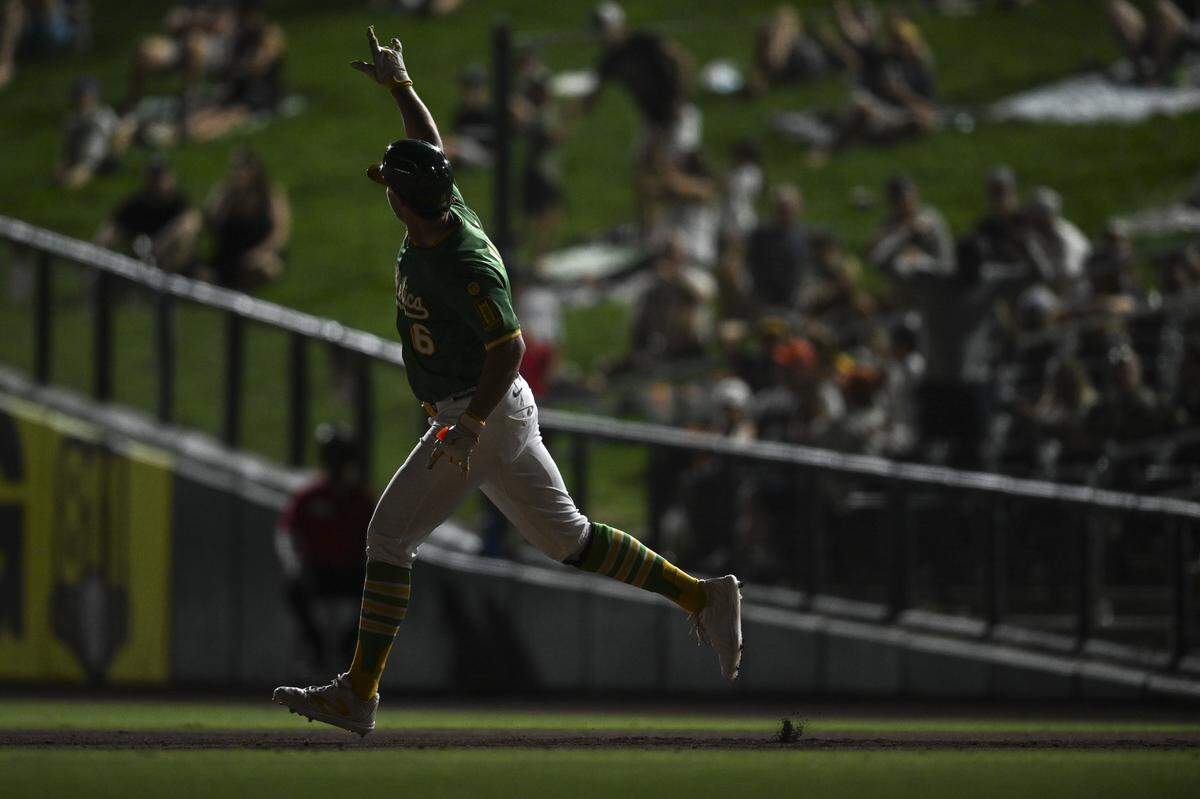 Athletics first baseman Nick Kurtz (16) reacts after scoring a home run during a game against the Detroit Tigers at Sutter Health Park in Sacramento on Monday, Aug. 25, 2025.