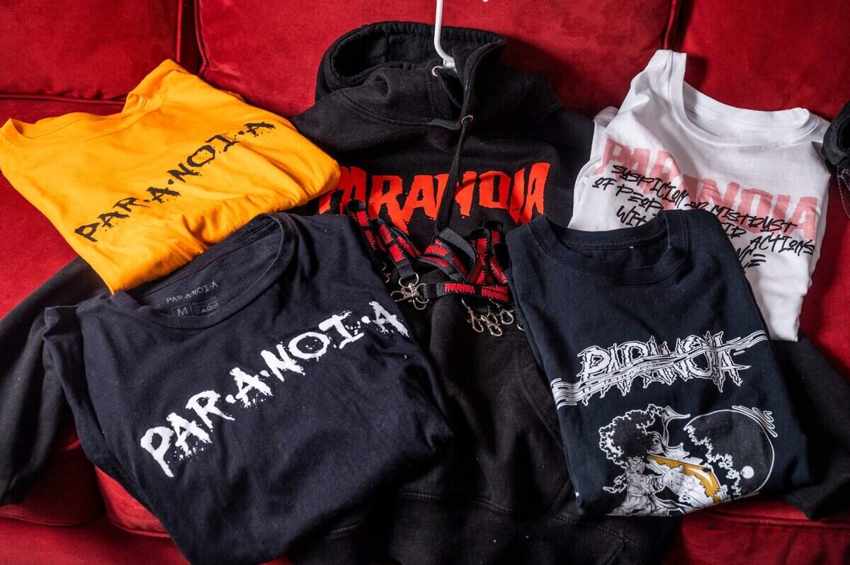 Merchandise from the Black-owned Instagram business Paranoia is seen Wednesday, Nov. 25, 2020. Co-owners Phillip Drakeford and Donald Barrett Jr. sell t-shirts and pullover hoodies with their brand on Instagram and their website.