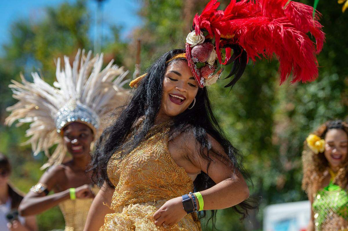 Brenda Osorio-Vallejo dances during the performance by the Brazilian Center For Cultural Exchange of Sacramento at the 11th Annual Sacramento Banana Festival on Sunday at William Land Park.