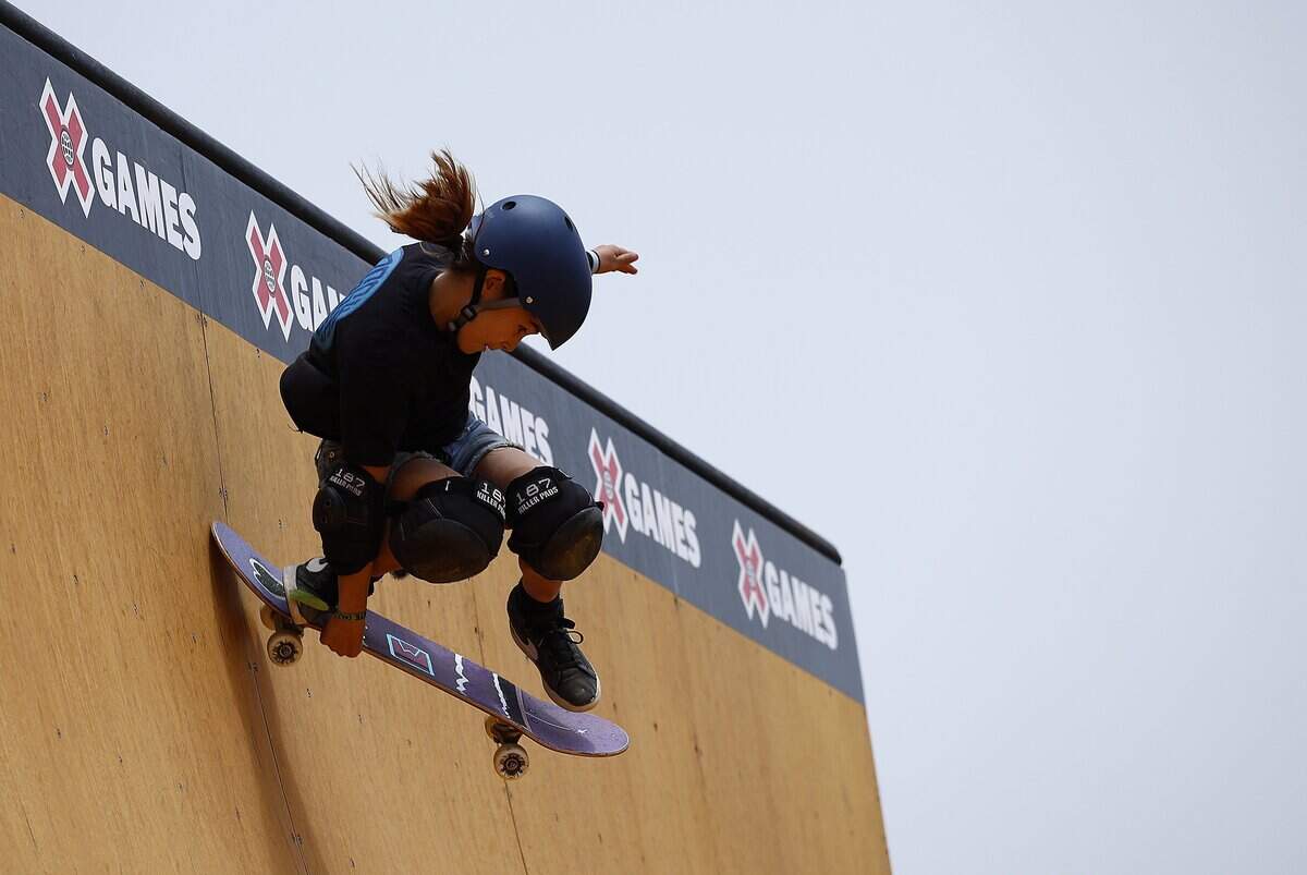 VENTURA, CALIFORNIA - JUNE 30:  Mia Kretzer of Australia competes in the Women's Skateboard Vert Final during X Games Ventura 2024 at Ventura County Fairgrounds and Event Center on June 30, 2024 in Ventura, California. (Photo by Ronald Martinez/Getty Images)
