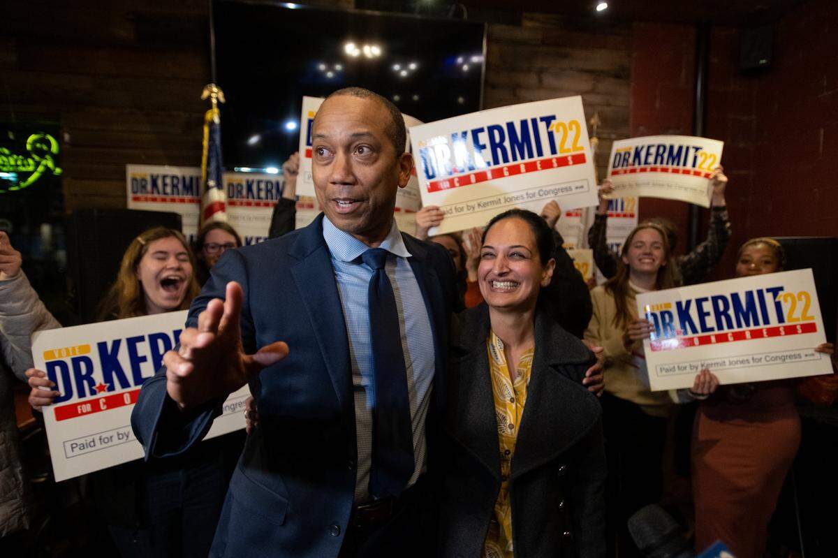 Democratic 3rd Congressional District candidate Dr. Kermit Jones supporters and speaks to the media with his wife at Kathrin’s Biergarten in Rocklin on Tuesday, Nov. 8, 2022.