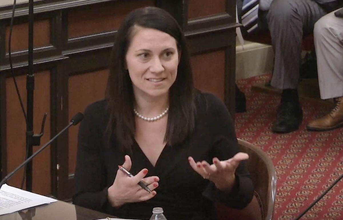 In an image from video, Alexis Podesta speaks during a confirmation hearing for her appointment as secretary of the Business, Consumer Services and Housing Agency in 2017. 