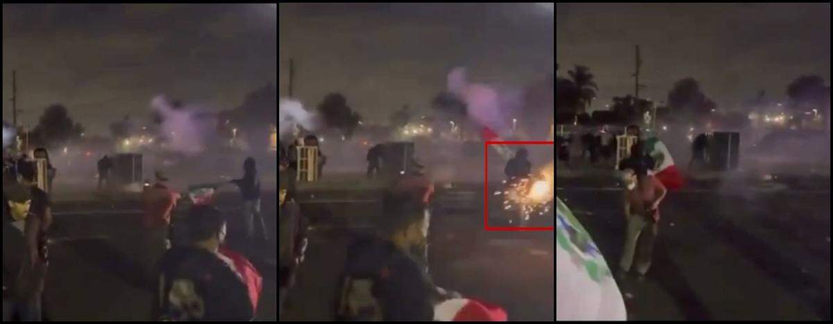A sequence of images from video shows photojournalist Nick Stern, visible at right, being hit by an “explosive” round shot by sheriff’s deputies, according to his legal counsel, during an ICE protests in Los Angeles County on June 6. Stern has filed a legal claim against the Los Angeles County Sheriff’s Department over the incident.