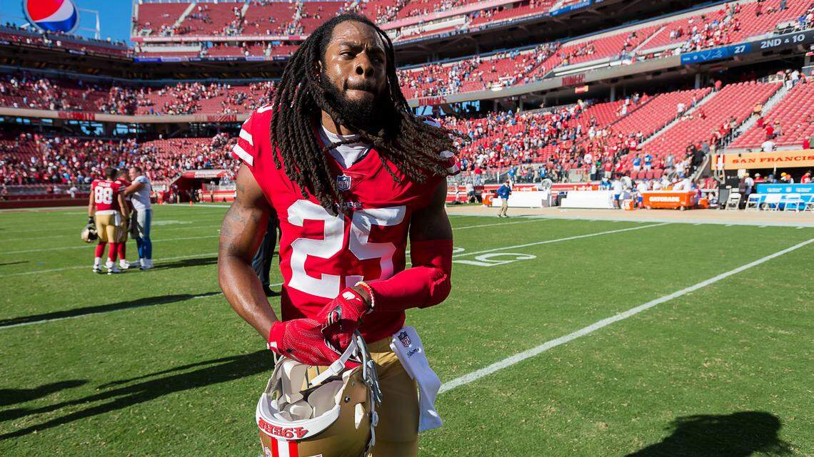 Cornerback Richard Sherman leaves the field after the 49ers defeated the Detroit Lions on Sunday at Levi’s Stadium in Santa Clara. The 49ers improve to 1-1 this season.