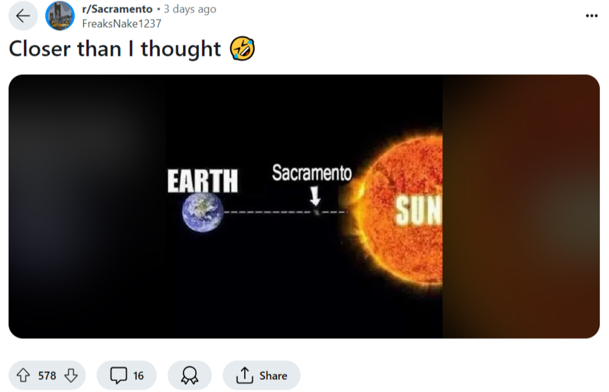 Screenshot of a Reddit post on a Sacramento community channel.