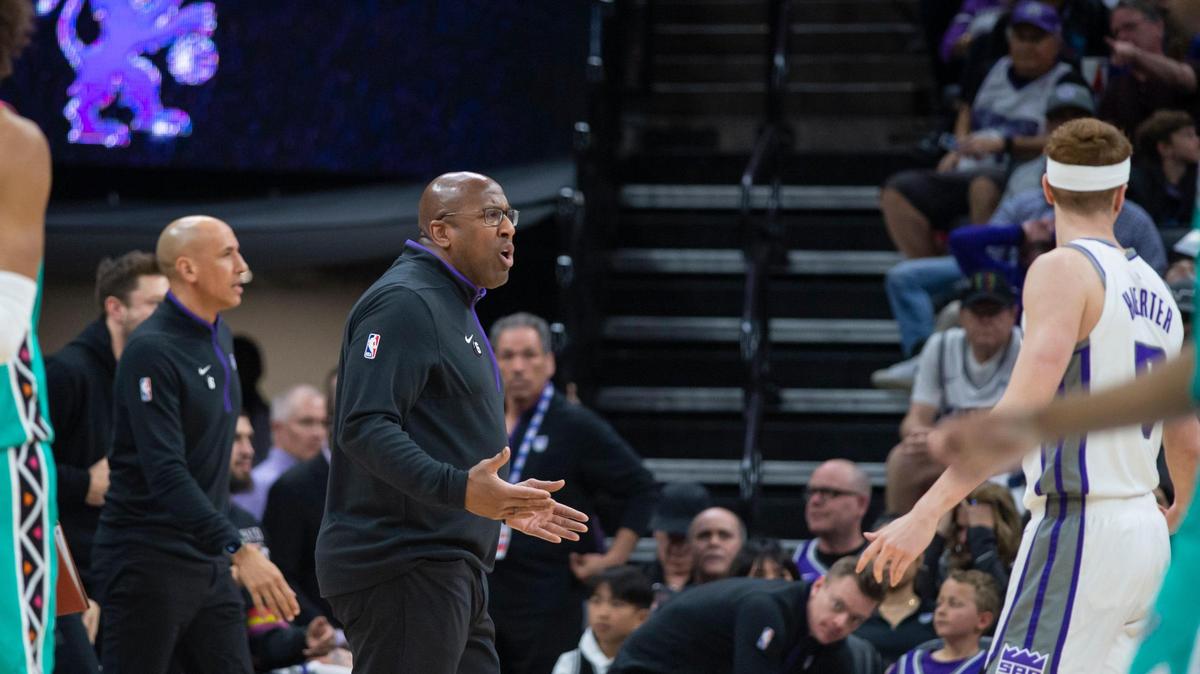 Sacramento Kings coach Mike Brown reacts to his team during a timeout in the second half of the NBA basketball game Sunday, April 2, 2023, at Golden 1 Center. The Spurs won 142-134 in overtime.