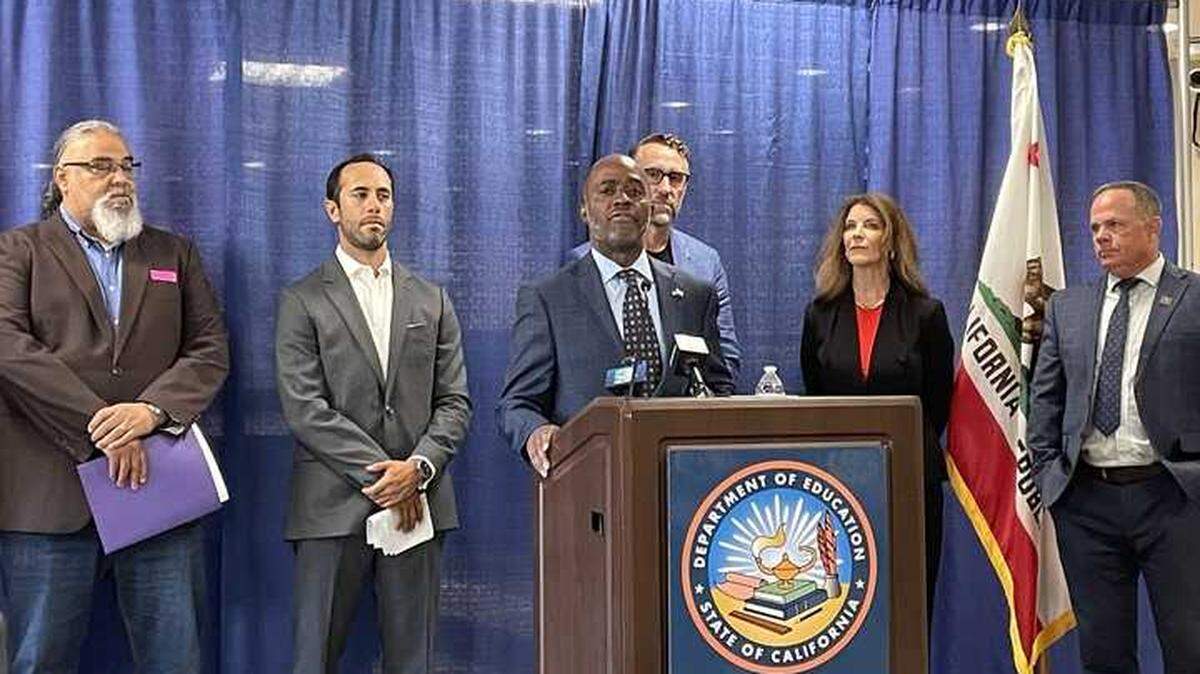 Tony Thurmond addresses federal education grant freezes by the Trump administration at a press conference at the California Department of Education on Tuesday.