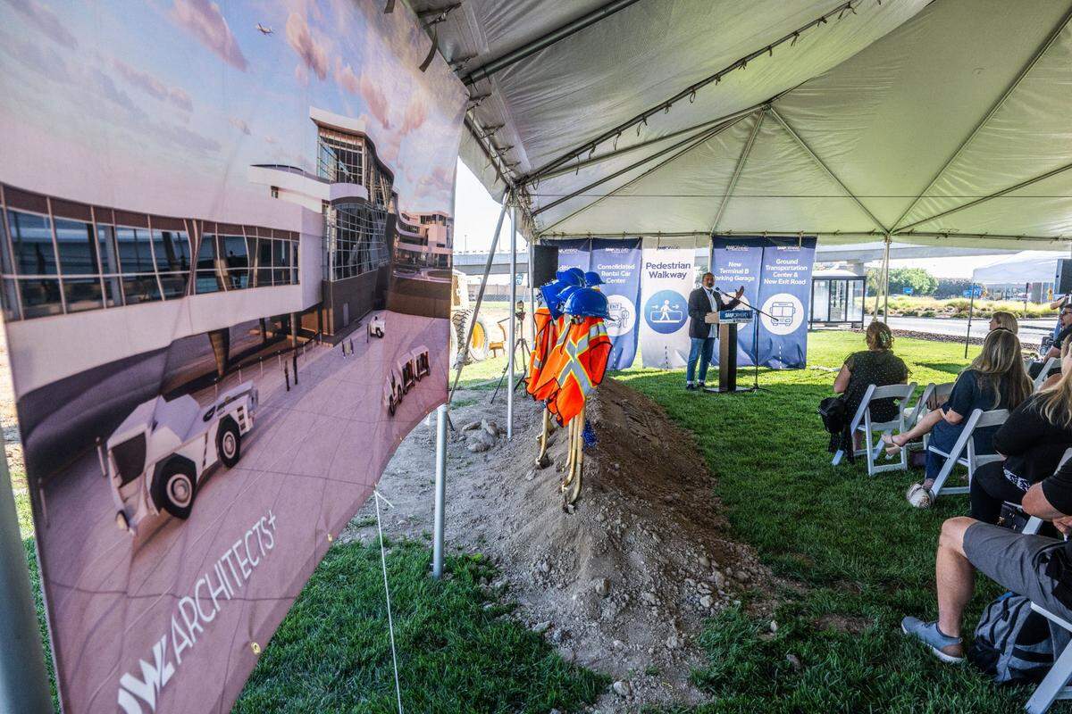 Congressman Ami Bera speaks at the Sacramento International Airport groundbreaking ceremony for the SMForward program on Monday. The event marks the start of construction of a new pedestrian skyway, shown in the rendering at left, and a new parking garage, among other upgrades.