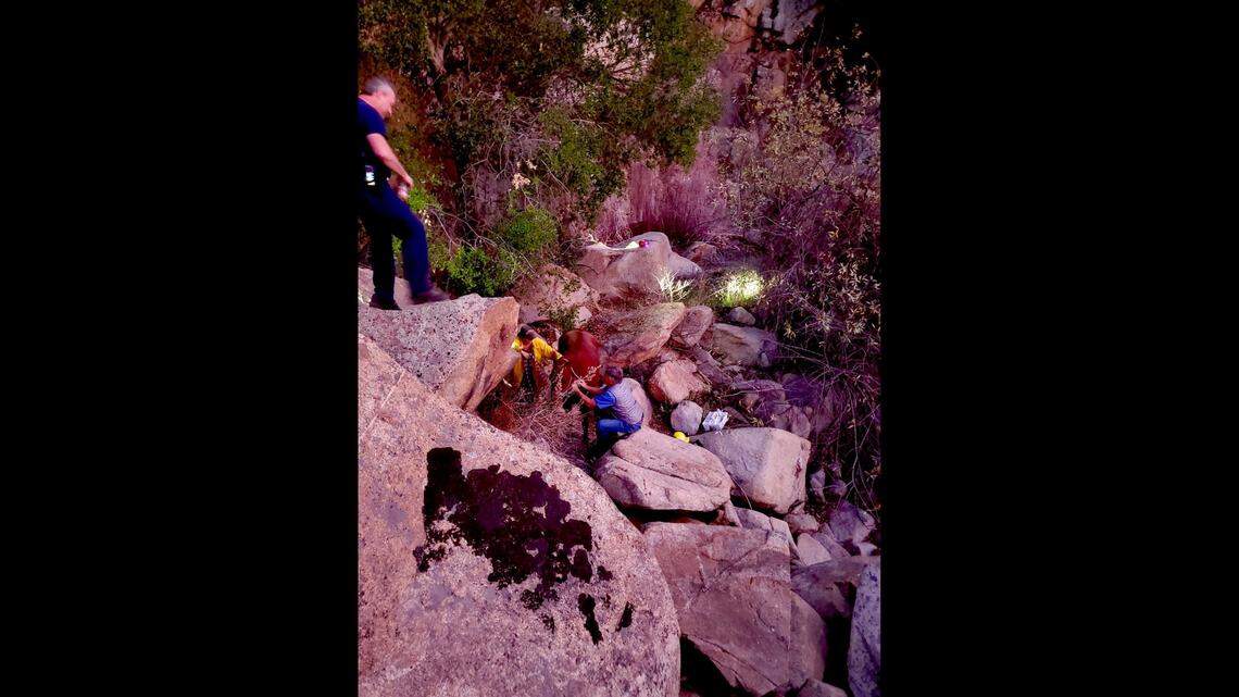 Sunny the horse became trapped between boulders in Temecula, California, on Nov. 24, 2021, after becoming spooked and flipping his owner. Kaity Mialma camped next to the horse until it was rescued nearly 48 hours later.