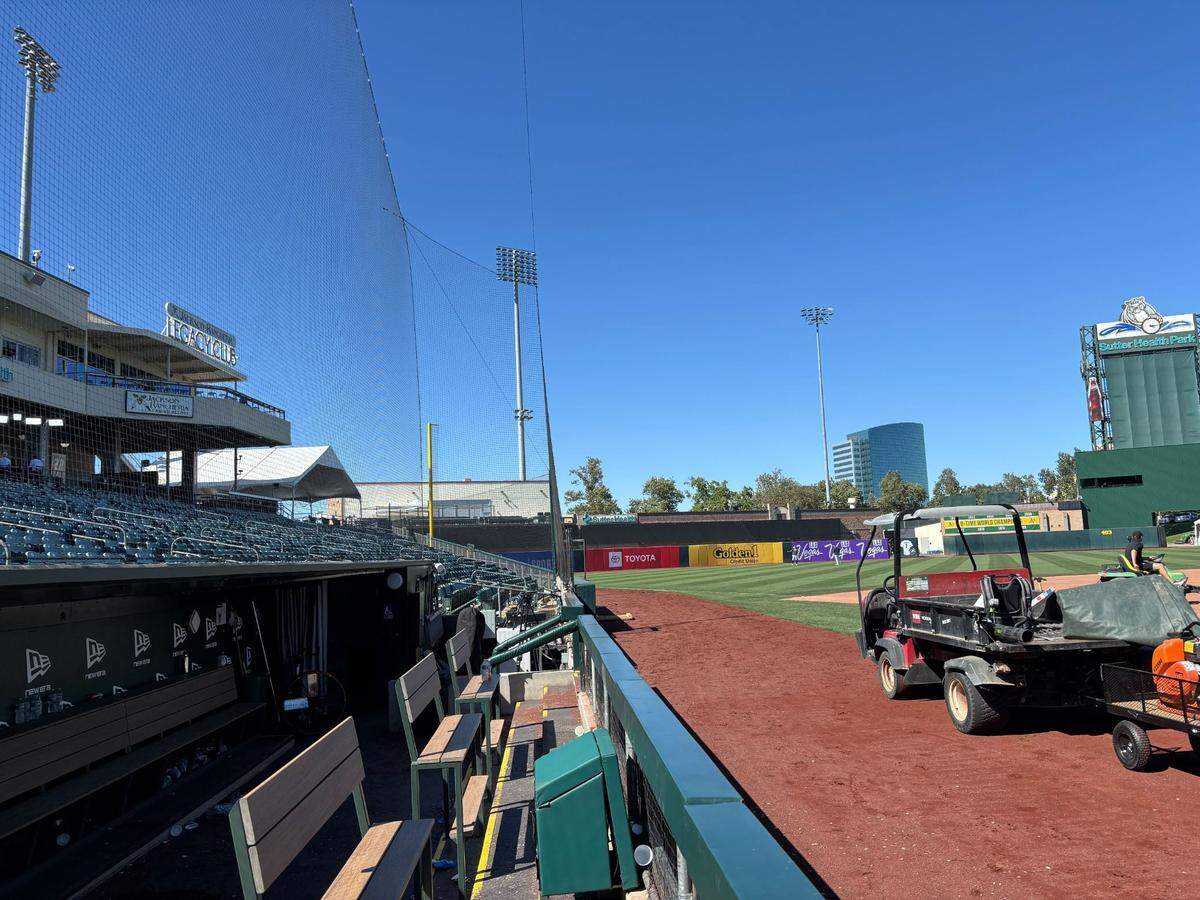 The view from the Athletics home dugout at Sutter Health Park in West Sacramento, as seen after Thursday’s home game. The left-field corner of the playing field is obstructed from this vantage point by the stands, A’s manager Mark Kotsay said.