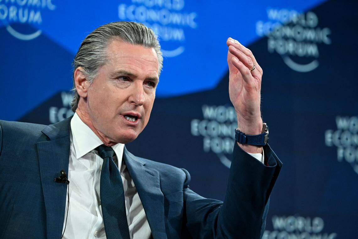 California Gov. Gavin Newsom gestures as he speaks during the World Economic Forum annual meeting in Davos Switzerland, on Thursday, Jan. 22, 2026.