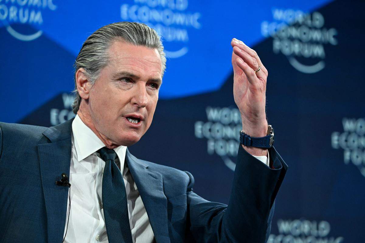 California Gov. Gavin Newsom gestures as he speaks during the World Economic Forum annual meeting in Davos Switzerland, on Thursday, Jan. 22, 2026.