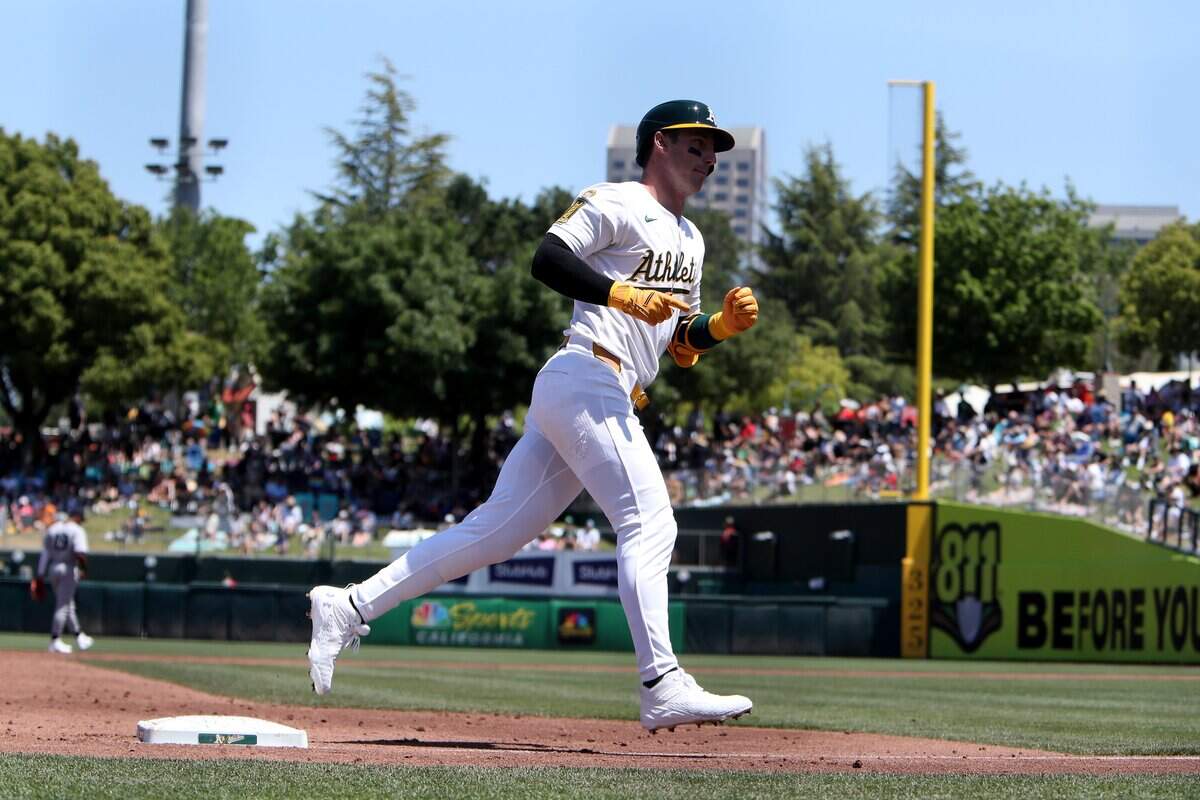 May 10, 2025; West Sacramento, California, USA; Athletics right fielder Brent Rooker (25) rounds the bases after hitting a three run home run against the New York Yankees during the third inning at Sutter Health Park. Mandatory Credit: Dennis Lee-Imagn Images