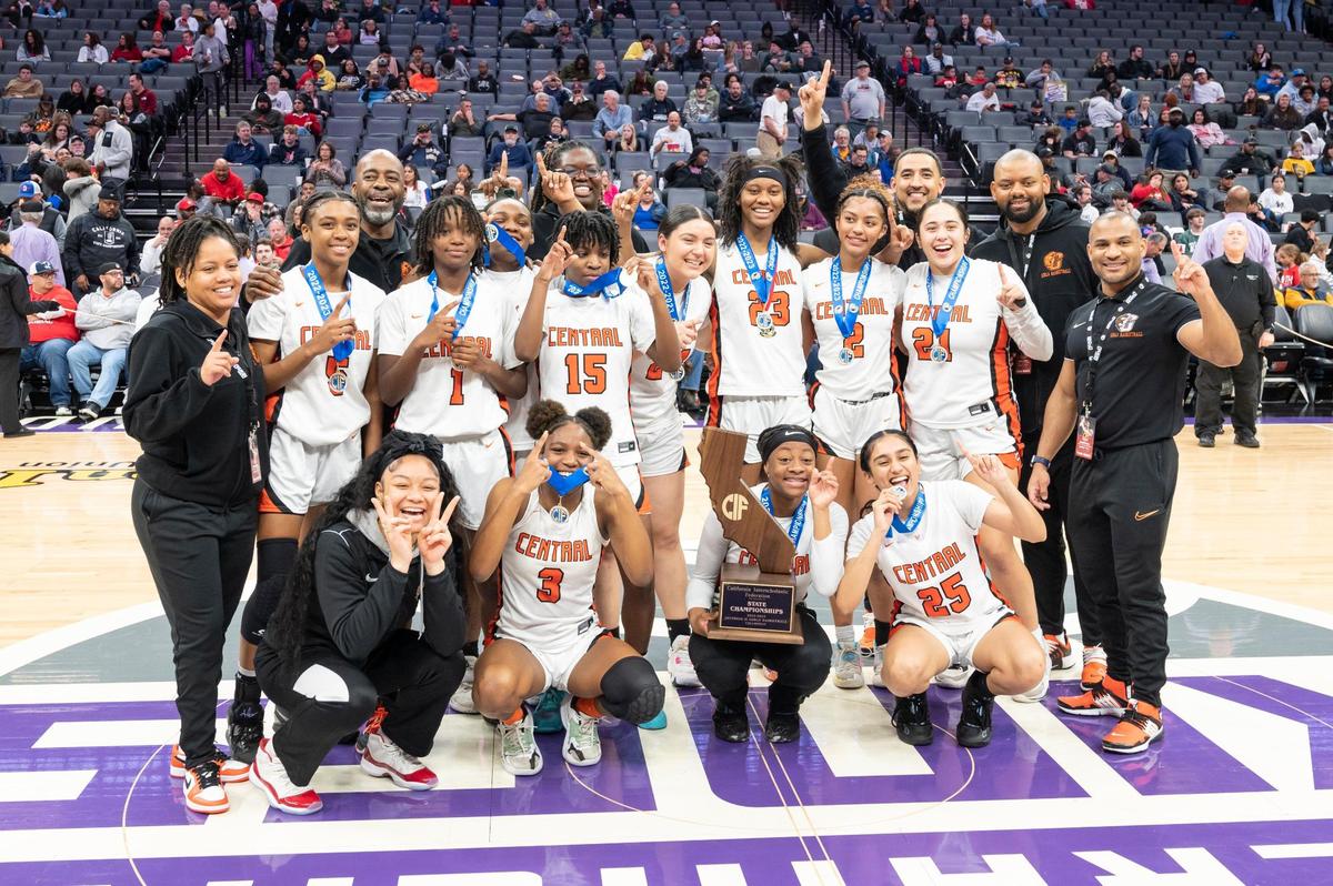 Central Grizzlies pose for a photo after winning the CIF State Division II Girls Basketball Championships Bonita Vista Barons on Saturday, March 11, 2023, at Golden 1 Center in Sacramento. The Grizzlies defeated the Barons 52-41.