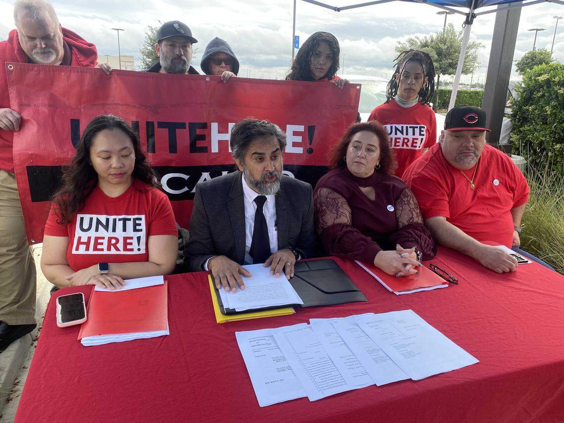 Unite Here Local 49 leaders and casino workers hold a news conference Friday following a 9th Circuit decision in their dispute with Sky River Casino in Elk Grove. From left to right: Nikka Flores, a lead attendant at the casino's market, Unite Here Local 49 President Aamir Deen, Secretary-Treasurer Regina Longo and Francisco Maldonado, a lead cook at Sky River. 