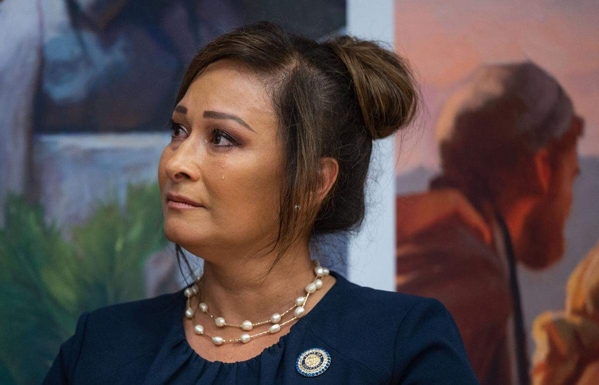 State Sen. Rosilicie Ochoa Bogh sheds a tear as she watches a video on the meaning of the Feather River California Temple in Yuba City on Tuesday, Aug. 15, 2023 during a public open house by the Church of Jesus Christ of Latter-day Saints. After the temple is officially dedicated in October, only church members in good standing can enter the sacred rooms and spaces of the temple.