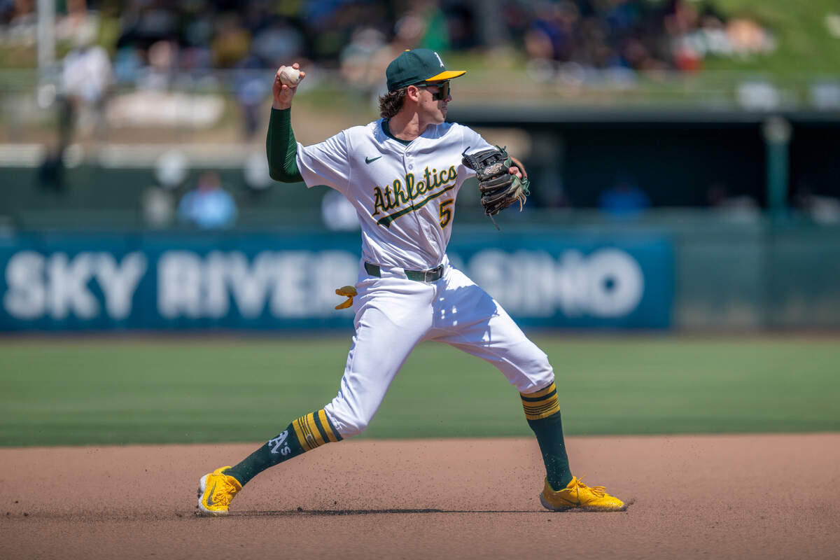 Athletics shortstop Jacob Wilson fields a ball hit by Toronto Blue Jays shortstop Bo Bichette in the seventh inning during a baseball game against the Toronto Blue Jays at Sutter Health Park in West Sacramento on July 13, 2025. He began a rehab assignment Saturday and is expected to return to the A’s soon.