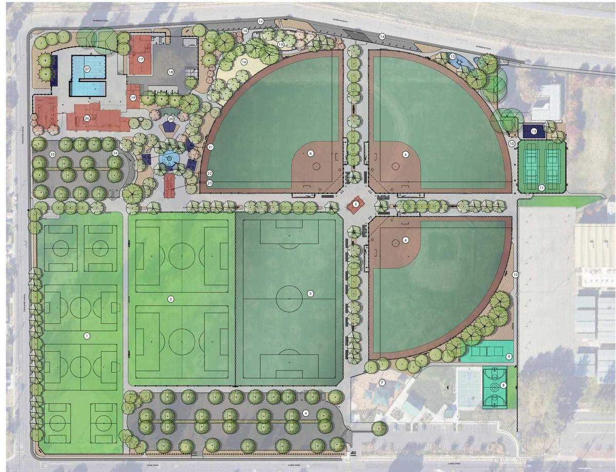 A site plan shows amenities planned for Bryte Park in West Sacramento as part of a $63 million upgrade, including soccer and softball fields, tennis courts, a dog park and a swimming pool. 
