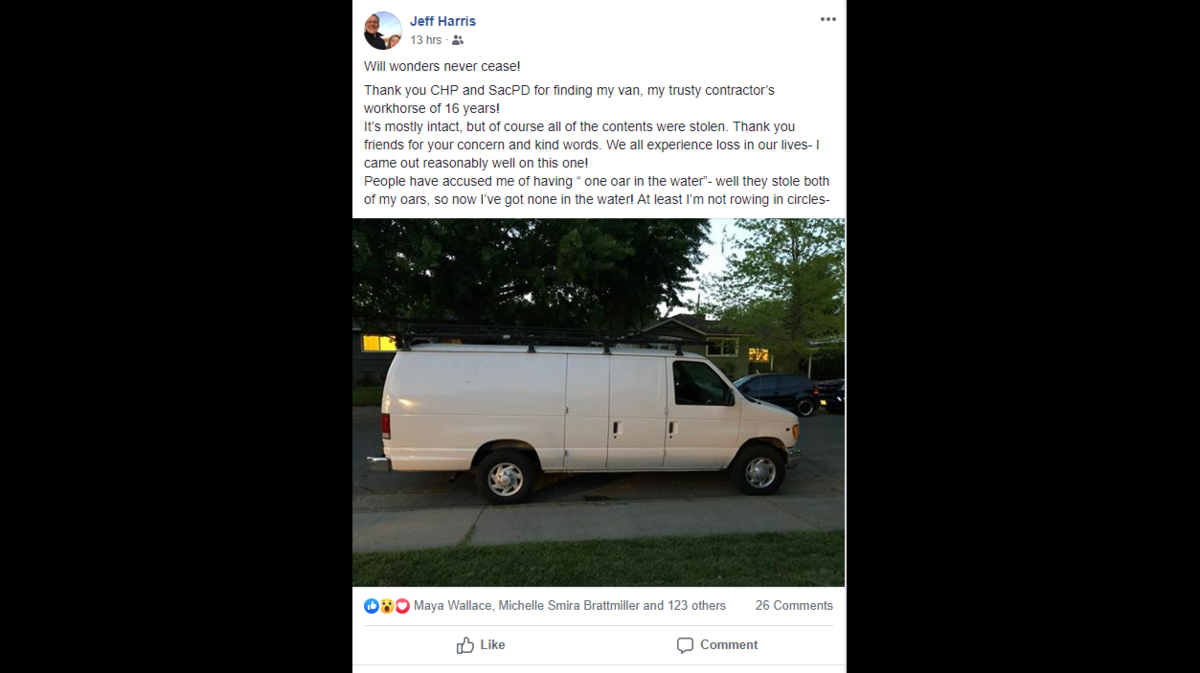 Sacramento City Councilman Jeff Harris says law enforcement helped find his stolen white van.