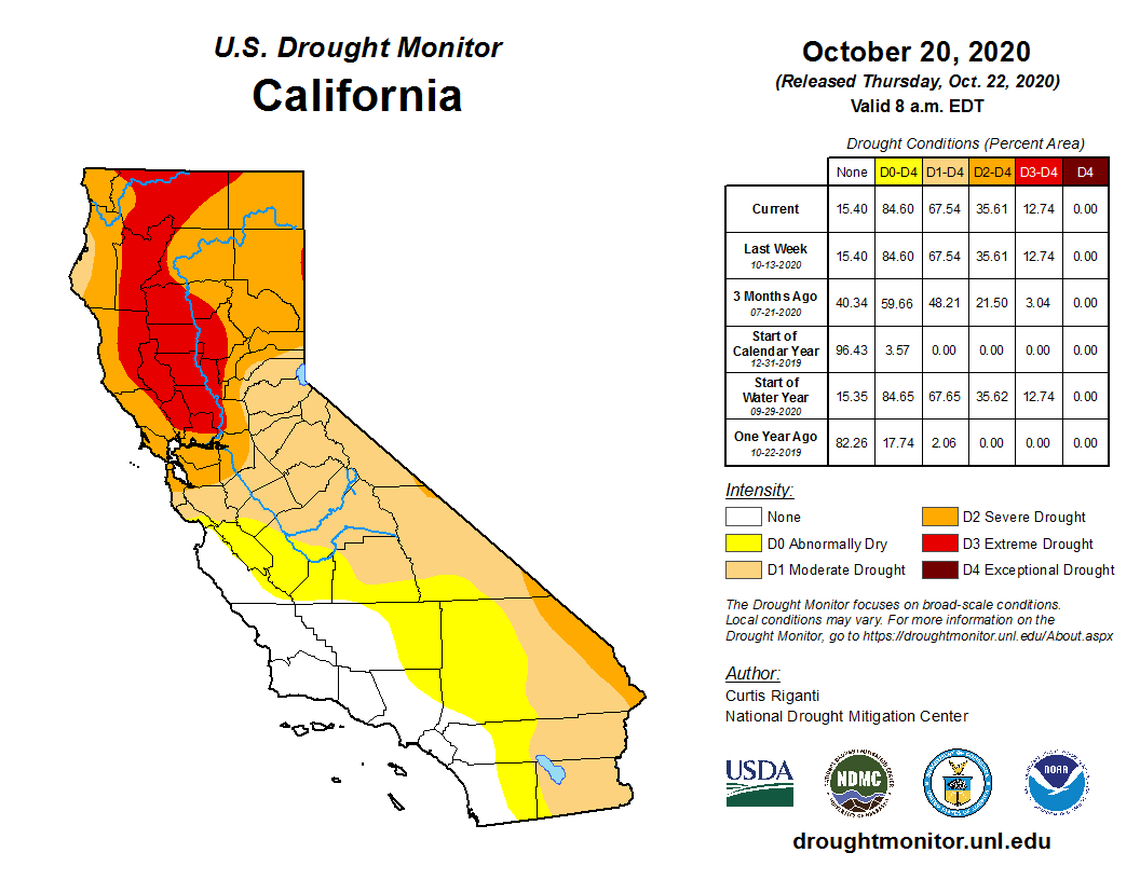 U.S. Drought Monitor snapshot of California on Thursday, Oct. 22, 2020.