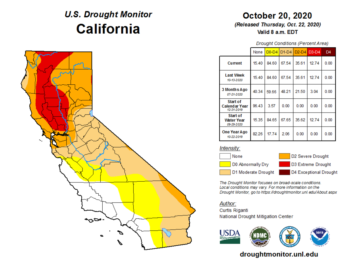 U.S. Drought Monitor snapshot of California on Thursday, Oct. 22, 2020.