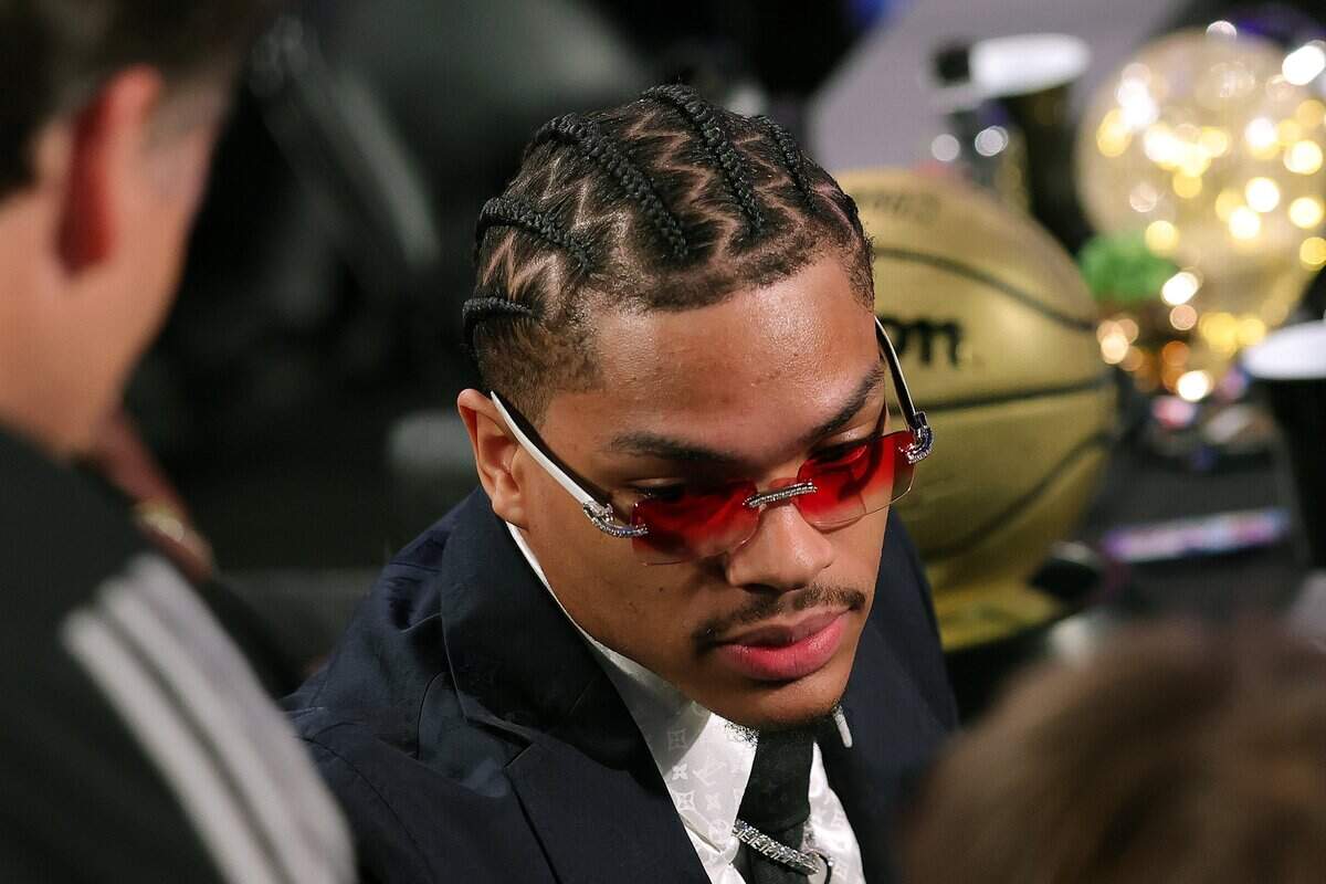 Darius Acuff Jr. awaits the start of Round One of the 2026 NBA Draft at Barclays Center on June 23, 2026 in New York City.