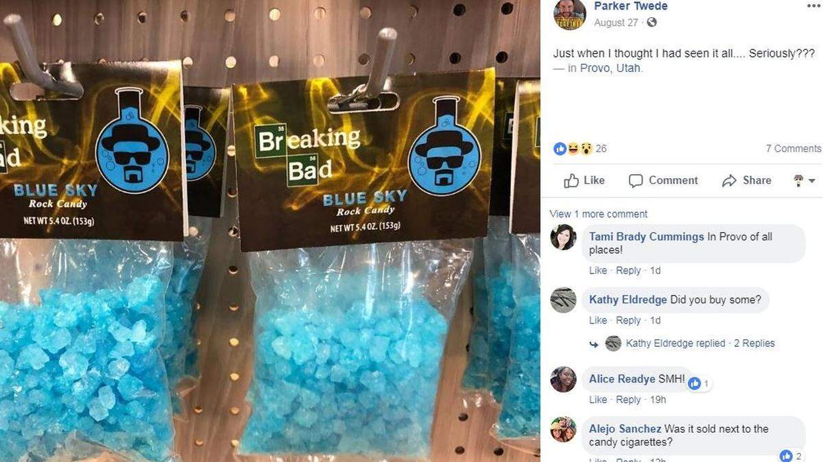 Customer Parker Twede says he “couldn’t believe my eyes” when he spotted rock candy packaged as Walter White’s signature “blue sky” methamphetamine from the TV series “Breaking Bad” in a Provo, Utah, store.