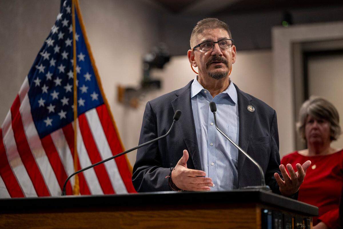 Phil Serna, chair of the Sacramento County Board of Supervisors, speaks at a news conference in downtown Sacramento in July. He announced Wednesday that he would not seek a fifth term.  