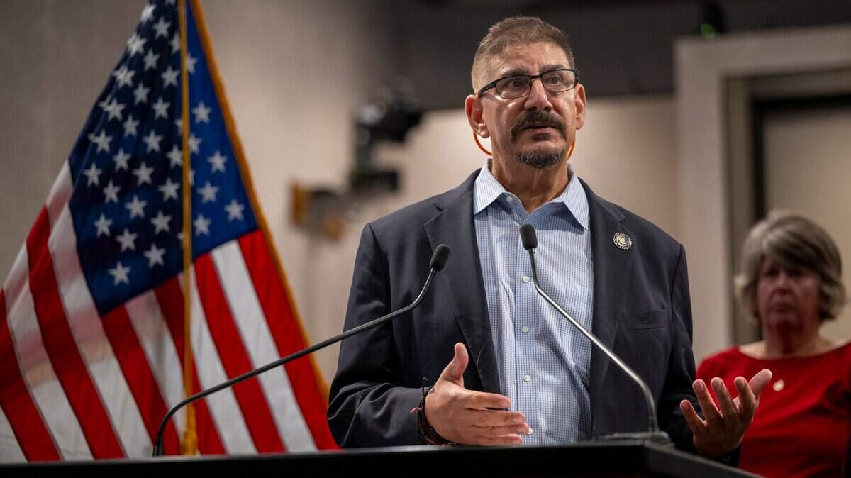 Phil Serna, chair of the Sacramento County Board of Supervisors, speaks at a news conference in downtown Sacramento on Tuesday, July 15, 2025. Serna has led to county’s efforts to ignore a “Joint Vision” agreement that placed the city as the lead planner in the Natomas region.