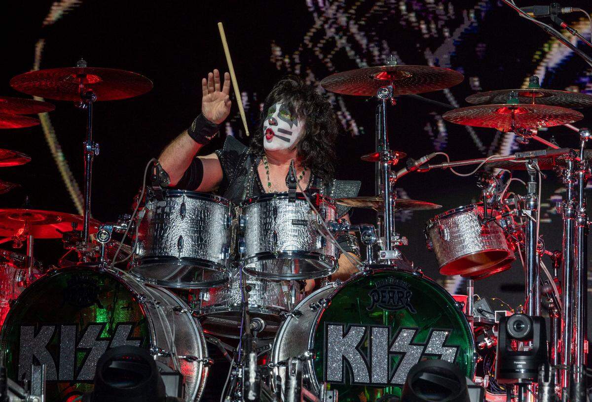 Kiss drummer Eric Singer twirls a stick while performing at the Aftershock Festival on Friday, Oct. 7, 2022 at Discovery Park in Sacramento.
