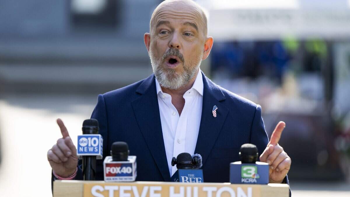 California gubernatorial candidate Steve Hilton talks about his “Califordable” Plan and the affordability crisis near the west steps of the Capitol on Tuesday, April 7, 2026.