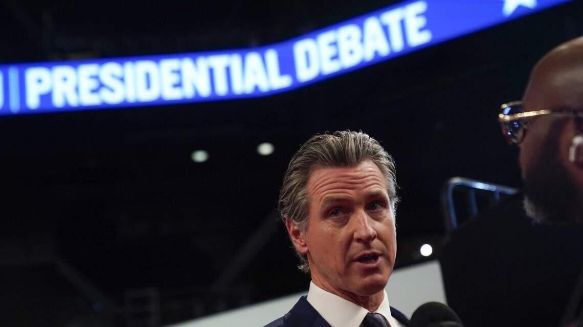 Jun 27, 2024; Atlanta, GA, USA; California Governor Gavin Newsom at the Georgia Tech's McCamish Pavilion prior to the CNN Presidential Debate between President Joe Biden and former President Donald Trump held at CNN's studios in Atlanta. CNN Anchors Jake Tapper and Dana Bash are moderators of the debate.  Mandatory Credit: Jack Gruber-USA TODAY