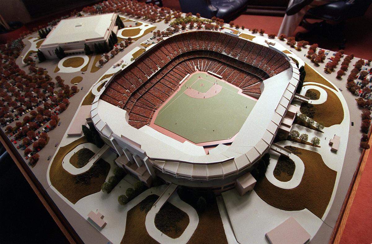 A model shows a proposed Major League Baseball stadium next to Arco Arena in Sacramento. 