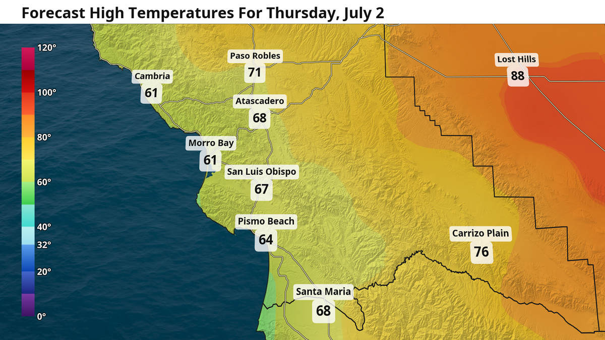 Forecast high temperatures for Thursday, July 2