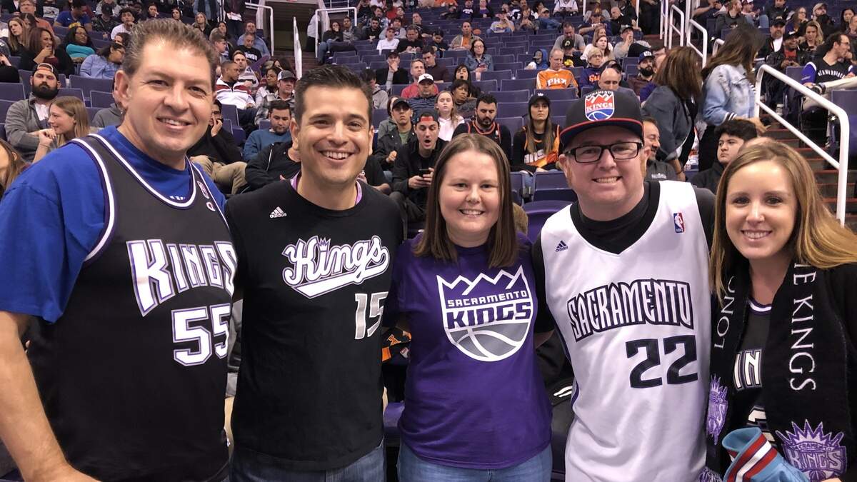 Kings fans who live in the Phoenix area attend the Kings-Suns game Jan. 8 at Talking Stick Resort Arena. From left are Brent Summers, Randy Cliff Peterson, Shannon Parrington, Mike McCormick and Audra Lepp. All have lived in the Sacramento area.