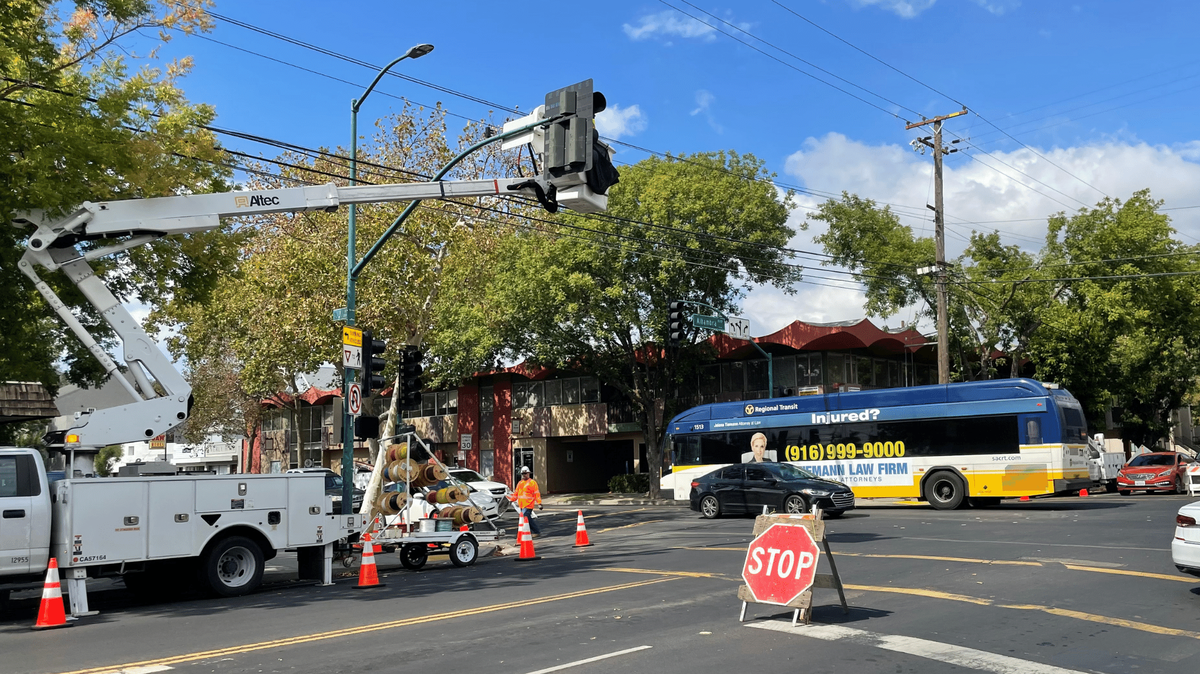 City officials said a lightning strike hit a traffic signal at Alhambra Boulevard and J Street in Sacramento, California, around 4:30 p.m. Sunday, September 18, 2022.
