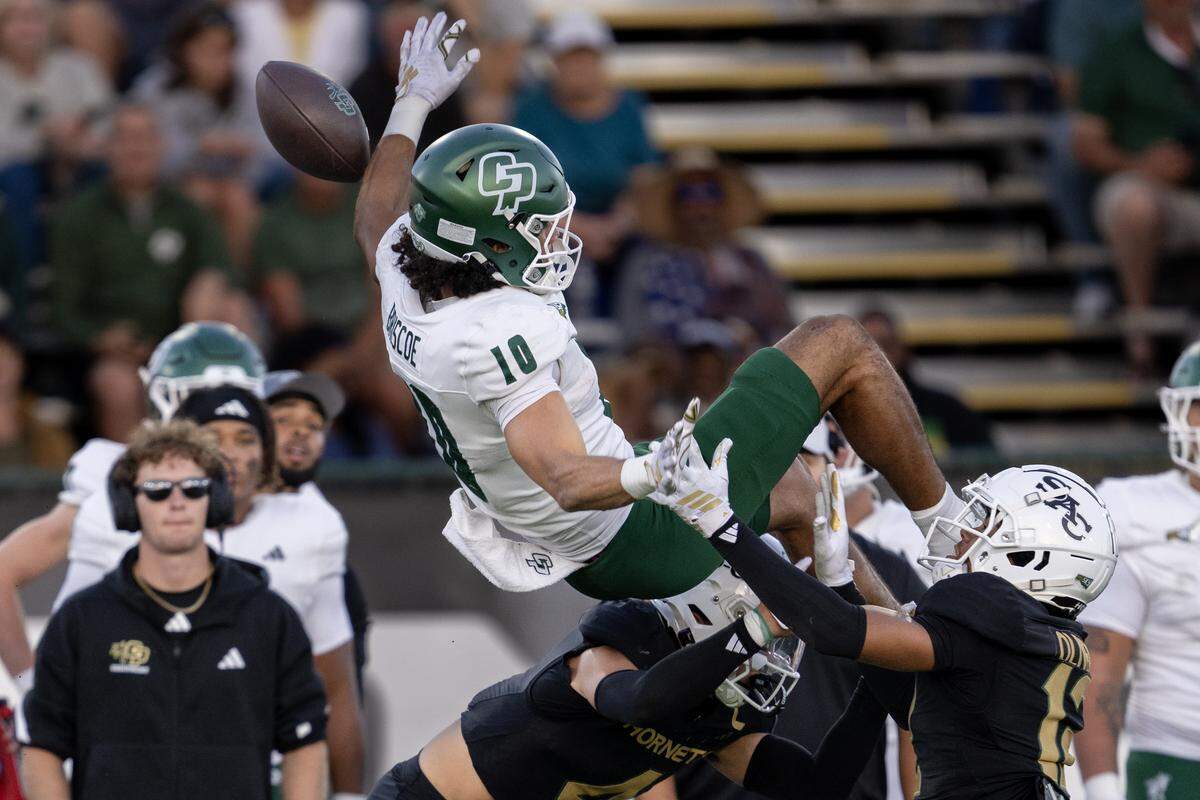 Cal Poly Mustangs wide receiver Michael Briscoe (10) is unable to hold on to a pass in the first half against the Sacramento State Hornets on Saturday in Sacramento.