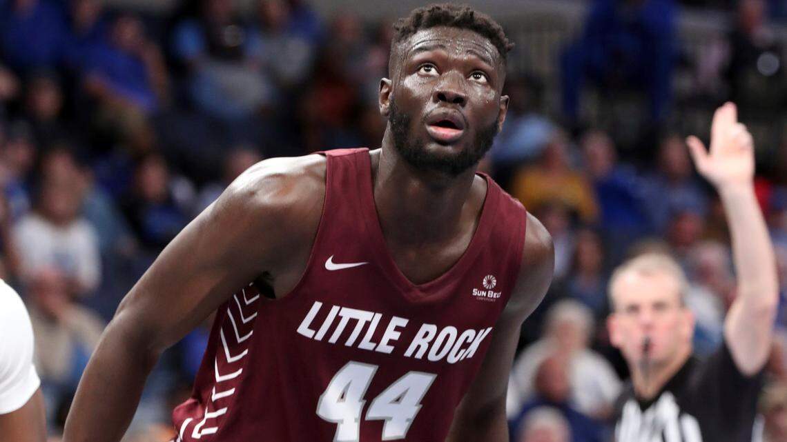 Little Rocks’ Ruot Monyyong (44) runs down court in the first half of an NCAA college basketball game against Memphis Wednesday, Nov. 20, 2019, in Memphis, Tenn. (AP Photo/Karen Pulfer Focht)