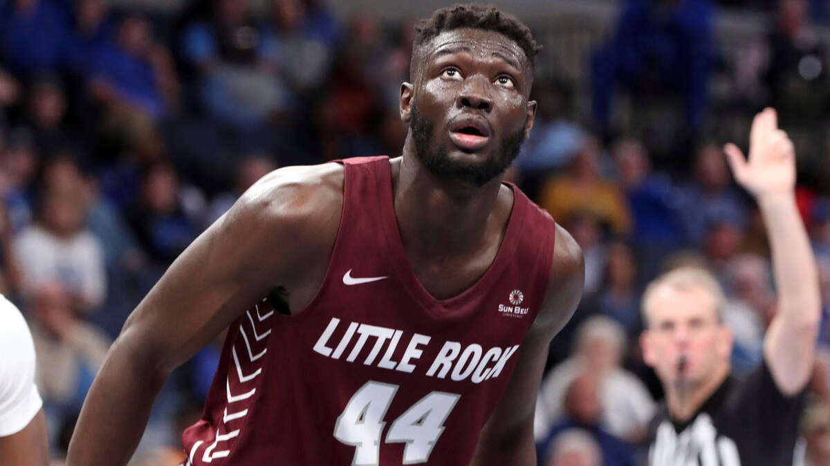 Little Rocks’ Ruot Monyyong (44) runs down court in the first half of an NCAA college basketball game against Memphis Wednesday, Nov. 20, 2019, in Memphis, Tenn. (AP Photo/Karen Pulfer Focht)