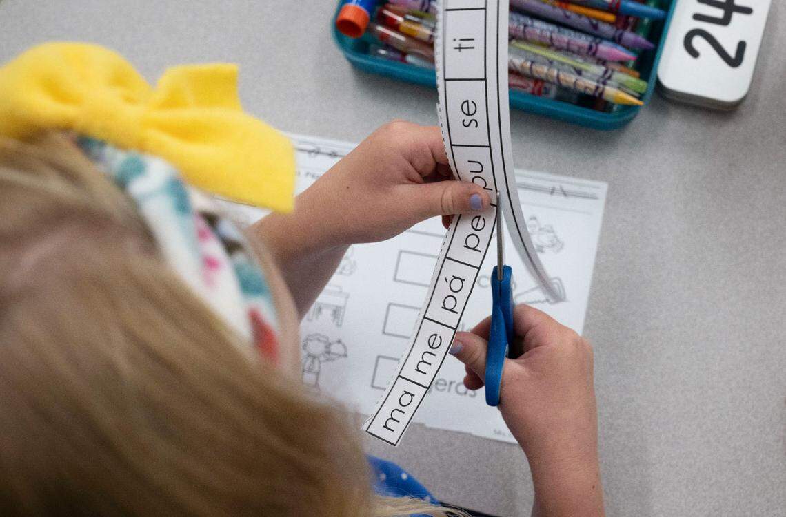 A kindergarten student works on a lesson to learn Spanish syllables in the dual-language immersion program at Quarry Trail Elementary School in Rocklin earlier this month.
