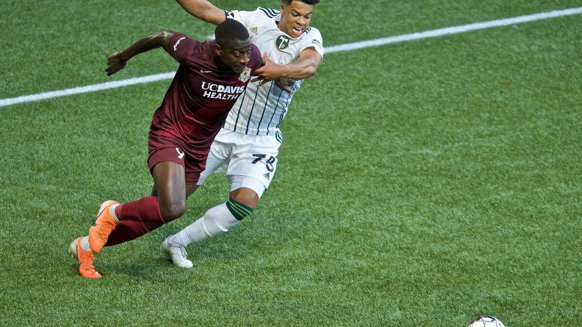 Sac Republic FC forward Kharlton Belmar (9) goes for a challenge in Saturday nights 1-0 win against Portland Timbers 2. Sac Republic will play Reno 1868 next on Wednesday.