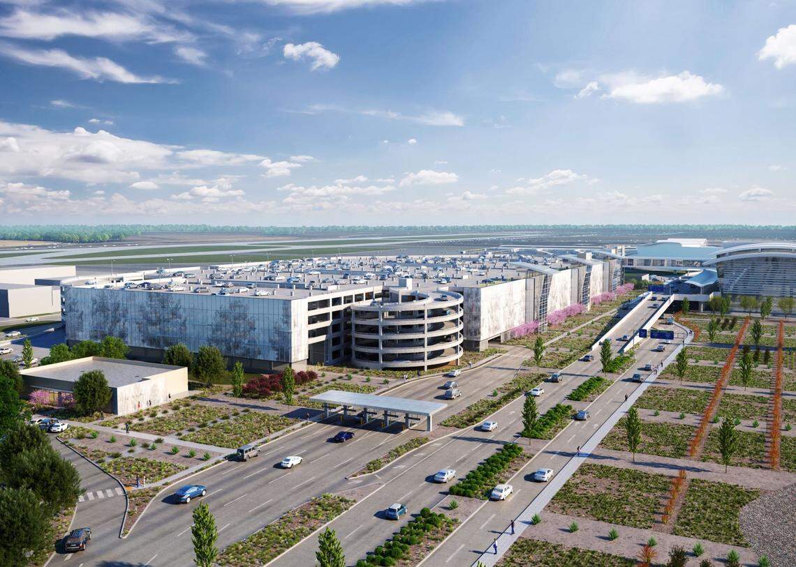 An artist’s rendering shows a six-story parking garage in the works at Sacramento International Airport.