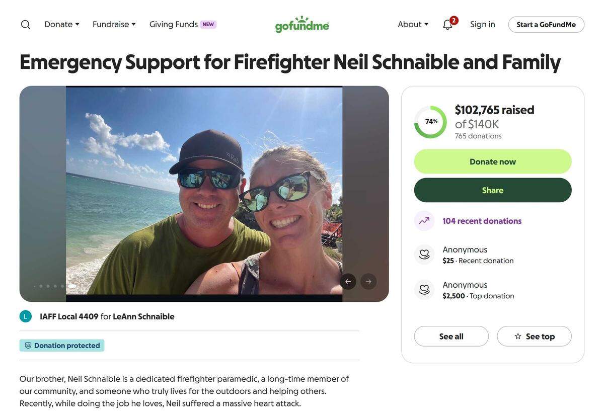 A screenshot of a GoFundMe campaign created for Fire Engineer Neil Schnaible of the Lake Valley Fire Protection District. Schnaible died Monday after suffering a heart attack while on duty last Wednesday, according to the district.