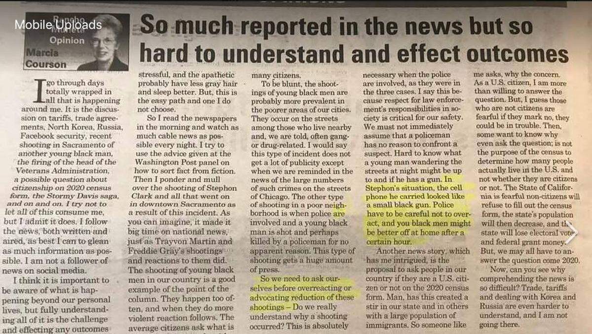 A column in the River Valley Times, a community newspaper in Rancho Murieta near Sacramento, advised black men to stay home after dark in the wake of the Stephon Clark shooting.